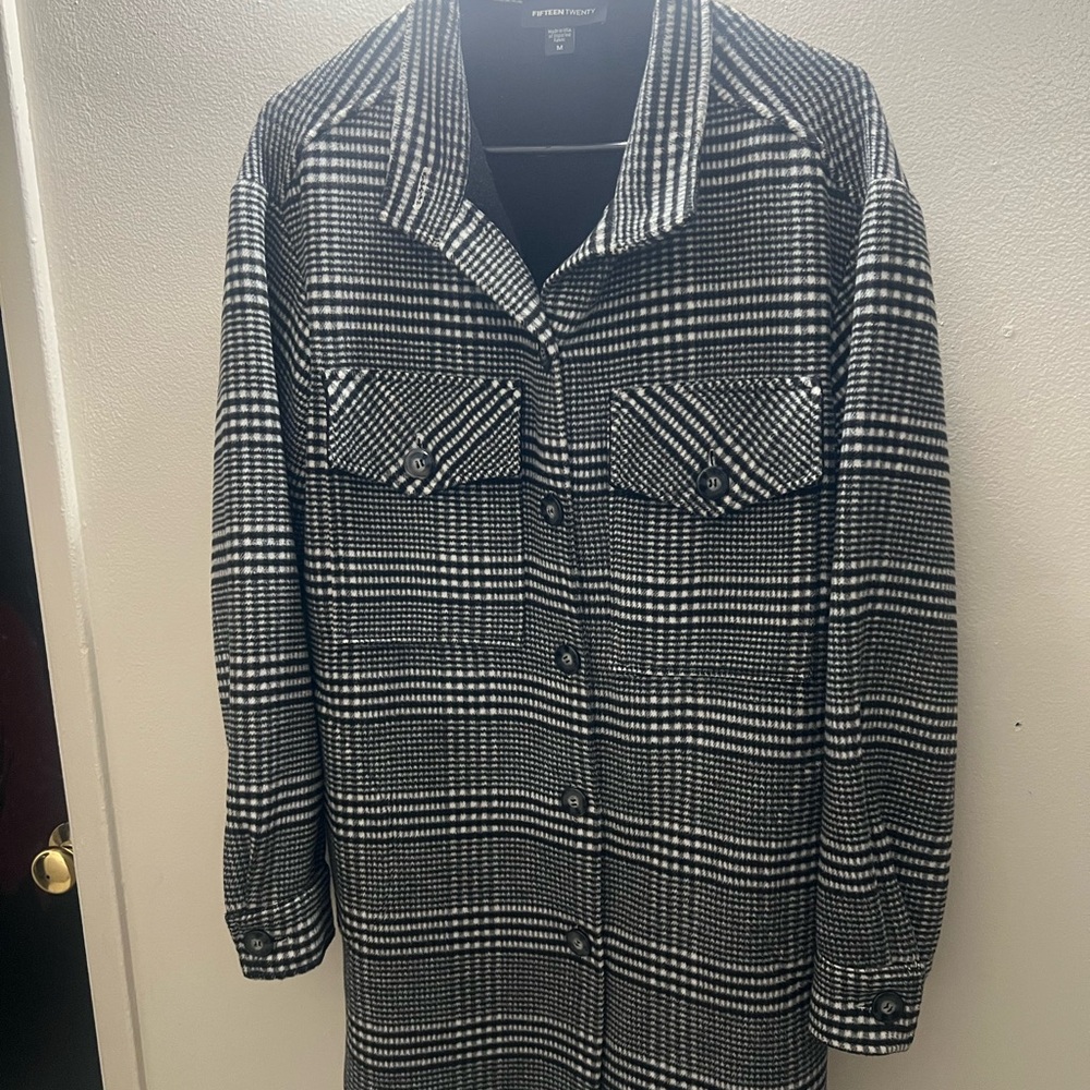 Black and White Plaid Button-Up Coat